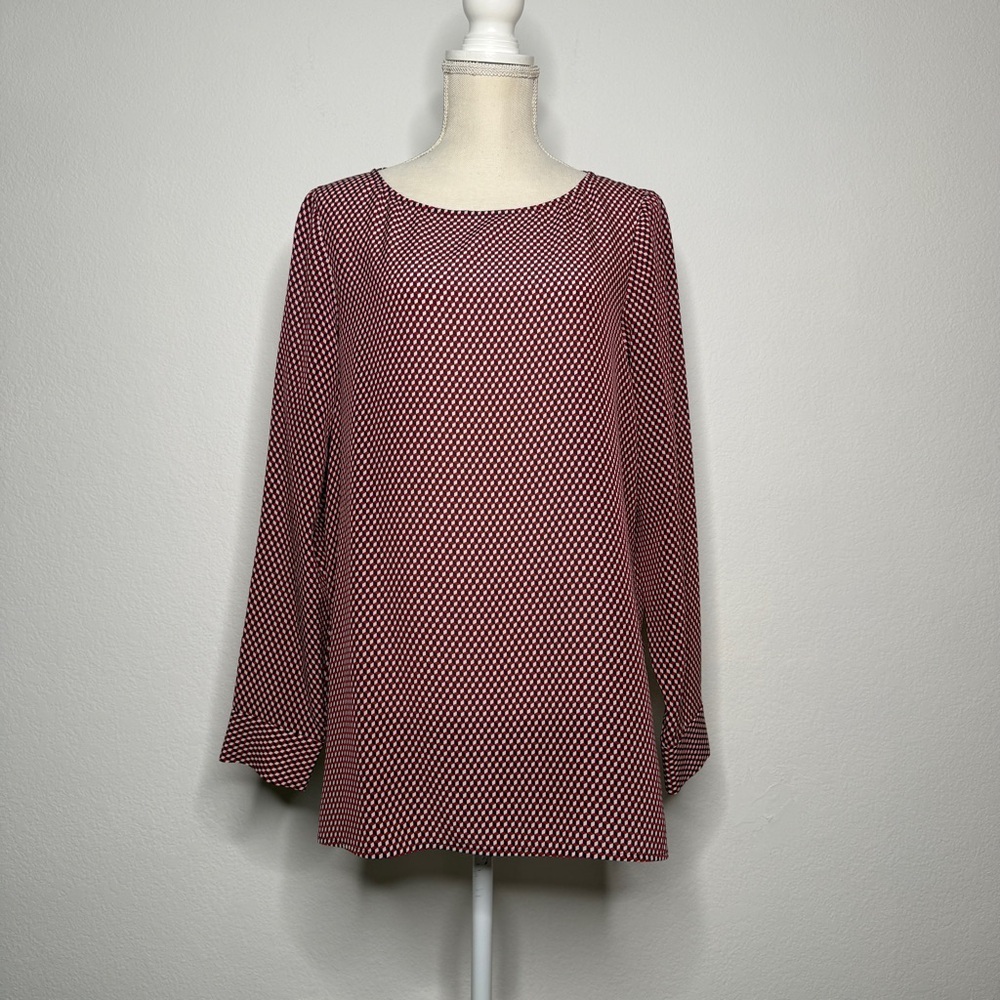 Theory Red White Blue Silk Geometric Cube Print Long Sleeve Blouse Size M